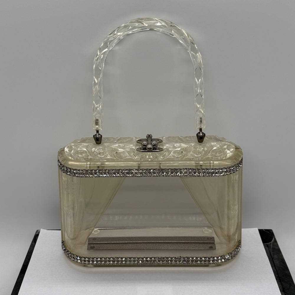 VTG Clear Lucite Book Purse Rhinestone Trim Rare Unmarked Llewellyn Inc. NYC